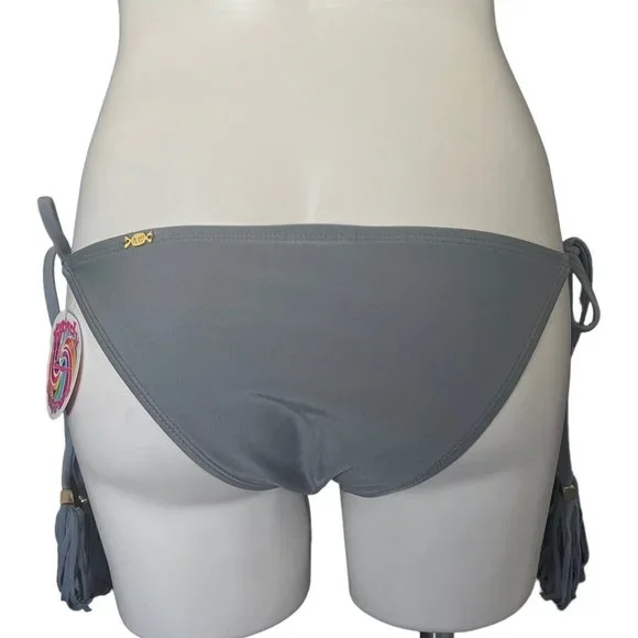 Kandy Wrapper Bikini Bottoms Grey Ties Side Tassel String Bathing Suit New Med - Picture 2 of 12